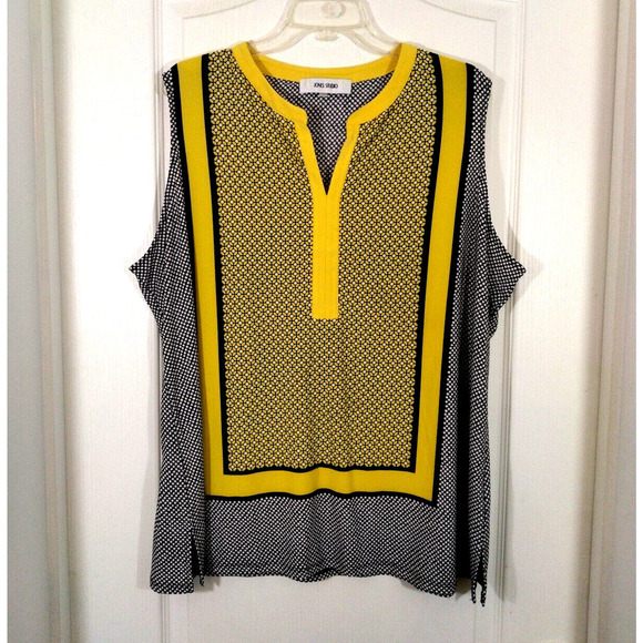 Jones Studio Yellow Black Top Sleeveless Pullover Split Hem - Picture 1 of 8